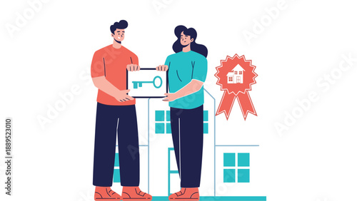 A happy couple holding a house key in front of their new home