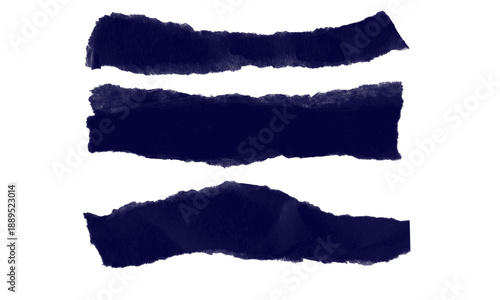 Three Torn Dark Blue Paper Strips with Rough Edges on Black Background
