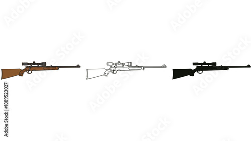 Three different colored rifles with scopes on a white background