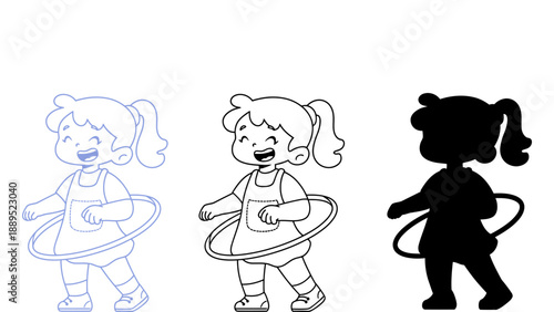 Three cartoon girls playing with hula hoops in different color styles