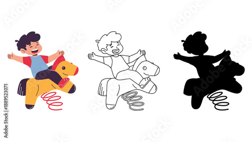 A colorful illustration of children playing on spring-loaded rocking horses in different styles