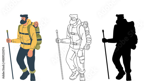 A hiker with backpack and trekking poles in three different styles and colors