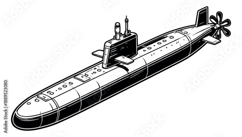 Line art illustration of a submarine depicting an underwater vehicle for oceanic travel