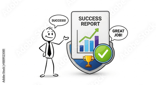 Stick figure businessman celebrates successful business report with trophy and check mark.