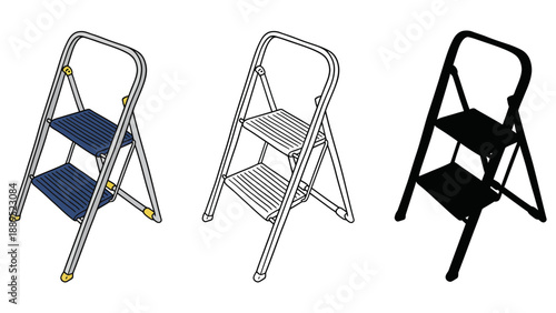 Three different illustrations of a two-step folding metal step ladder