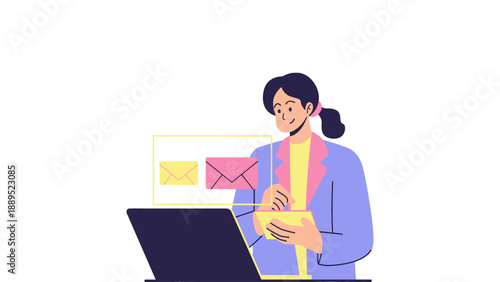A woman using a laptop and sending emails with a happy expression