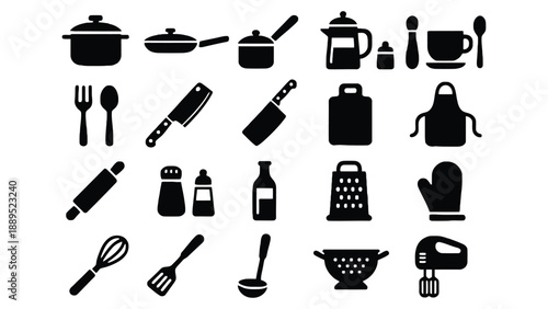 A collection of kitchen utensils and cookware are displayed on a white background.