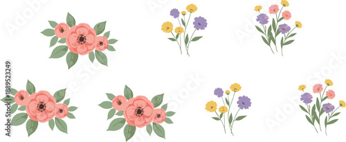 Soft pastel floral bouquet vector set with delicate flowers and leaves for spring decoration, wedding, and feminine design