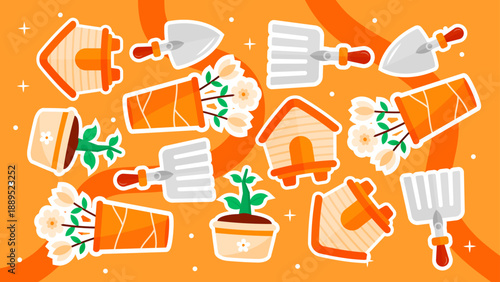 Vibrant orange background with gardening rakes and flower pots pattern