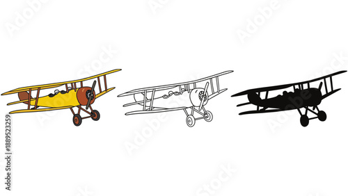 Three biplanes in different colors and styles on a white background