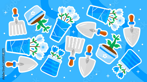 Refreshing blue pattern with gardening tools and blooming flower pots
