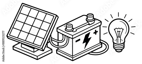 Line art renewable energy set featuring a solar panel, battery, and light bulb for sustainable power systems