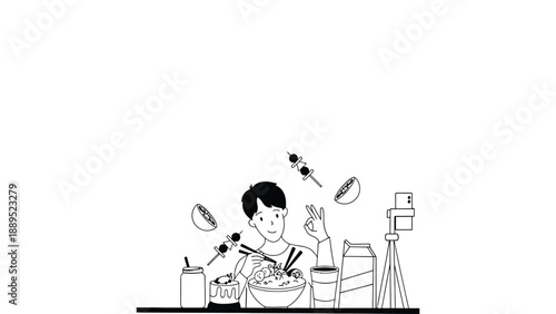 A cartoon man enjoying a meal at a restaurant with a satisfied expression