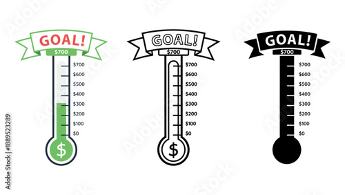 Three goal thermometers with different progress levels on a white background