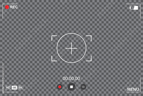 Camera viewfinder recording interface on a black background with focus reticle, REC indicator, timecode, resolution icons