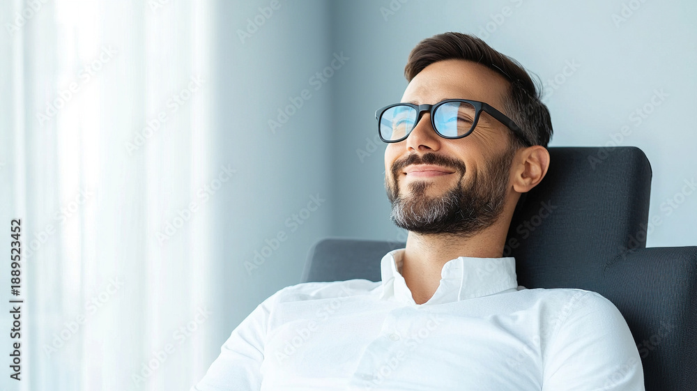 Obraz premium Relaxed freelancer enjoying life while earning living, smiling contently in modern workspace