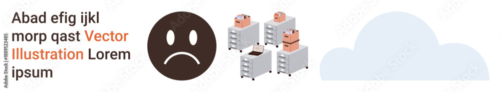 Fototapeta premium Data management, cloud servers, technical issues, error messages, digital infrastructure, system failure. Sad face symbol and server stacks with cloud graphic. Data management and system failure