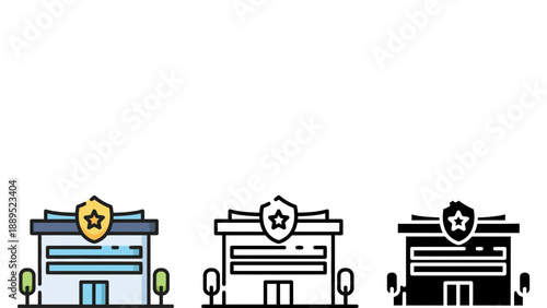 A set of three police station icons in different color variations and styles