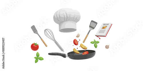 Cooking Concept Chef Hat, Ingredients, Utensils, and Recipe Book Floating