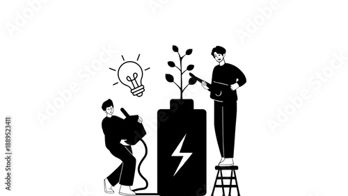 Two men working together to charge a large battery with a plant growing out of it
