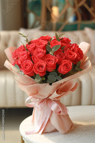 A large bouquet of red roses
