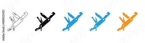 Multi tool icons in various colors black blue and orange representing pocket knives Swiss army knives and utility tools for outdoor activities and everyday carry