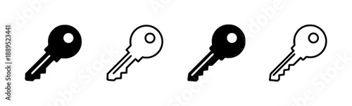Multiple key icons in black and white flat and outline styles, symbolizing security, access, and solutions.