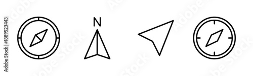 Navigation compass icons set with directional arrow and north symbol for travel and exploration guiding pointer indicating direction for journey mapping and finding way