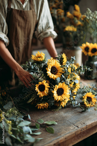 Arranging a beautiful bouquet of sunflowers.