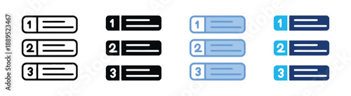Numbered list icons showing ranked items with horizontal lines in outline, solid black, and blue color variations for ranking systems