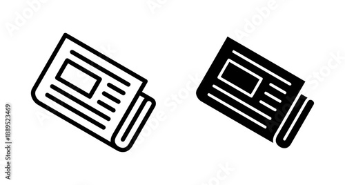 Newspaper icon in outline and solid black styles, representing news, information, and media. Suitable for print or digital content design projects.
