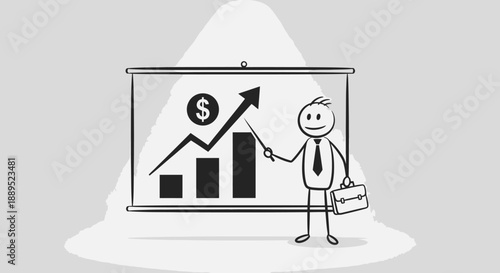 Stick figure businessman presenting financial growth chart on whiteboard.
