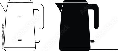 Pair of electric kettle icons, one line art and one solid black silhouette, showcasing modern kitchen appliance design for boiling water. Minimalist style.