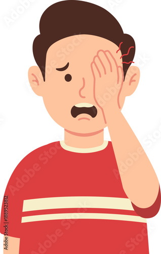 Boy covered his face with expression of pain behind his eyeballs