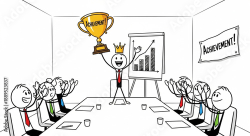 Stick figure businessman celebrating winning a trophy with his team in a boardroom.