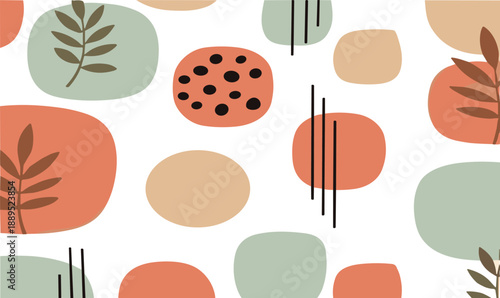 Seamless abstract boho pattern with organic shapes, botanical elements, and warm earthy pastel colors vector illustration