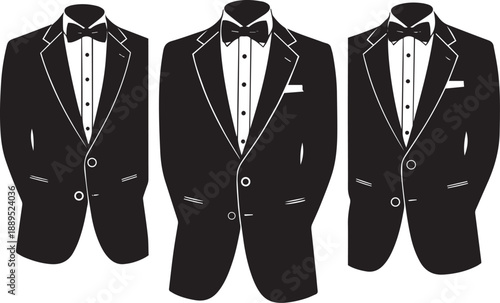 Black tuxedo jackets with white shirts and bow ties suit
