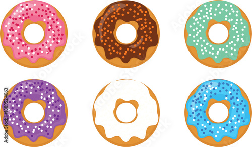 Set of colorful glazed donuts with sprinkles vector illustration isolated on grey background for bakery and dessert design