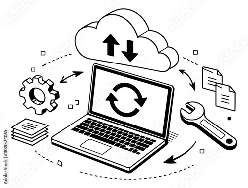 Isometric line art illustration of a cloud computing process depicting data synchronization and system maintenance for digital technology