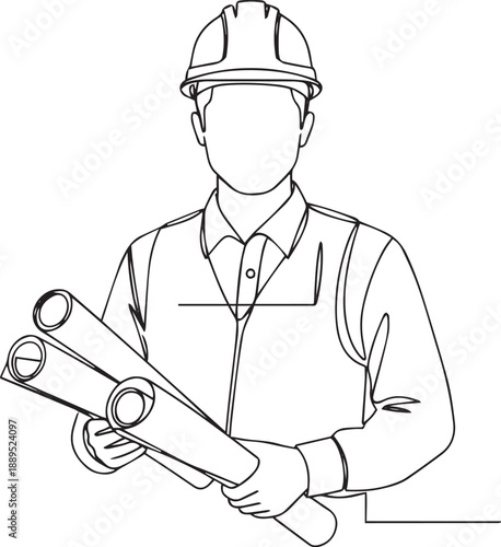 Line of a construction worker holding rolled up blueprints wearing a hard hat line black and white rolled up plans