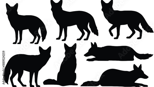 A group of black fox silhouettes in various poses on a white background
