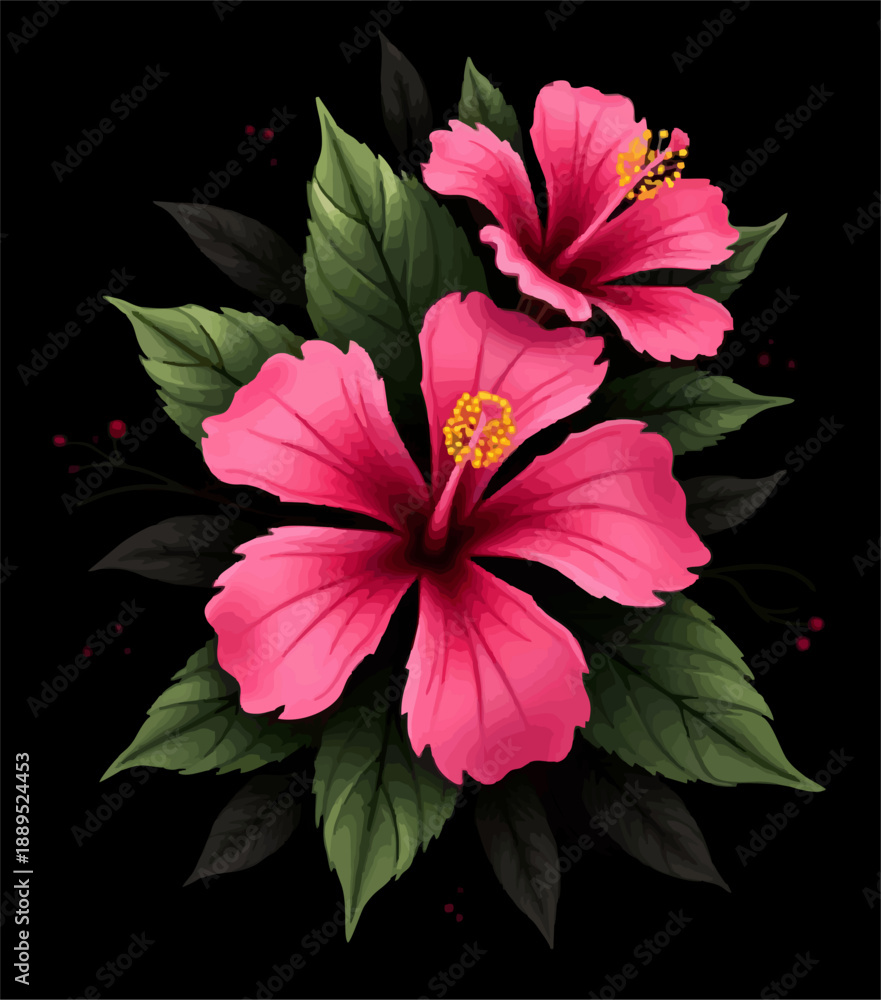 Obraz premium Vector pink hibiscus flower with green leaf isolated on black background. Bright summer hawaiian tropical print. Element of seamless fabric pattern. Floral fashion ornament for women clothing, notepad