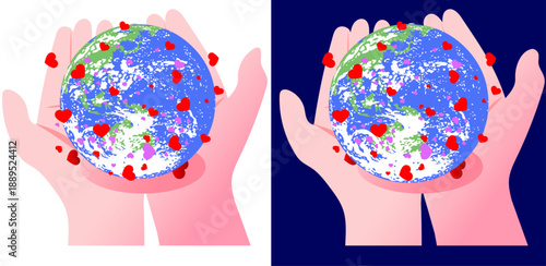 Concept of world peace and love with Earth globe held in human hands and many flying hearts