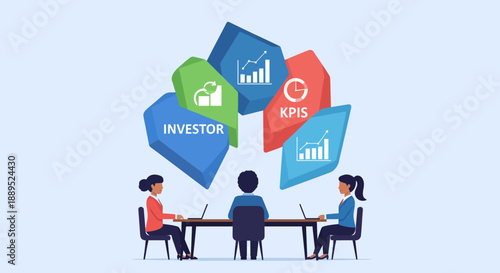 Business team discussing investment strategy and key performance indicators.