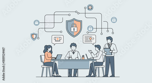 Cybersecurity team meeting discussing data protection and network security.