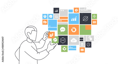 Man interacting with digital interface showcasing technology and innovation concepts.