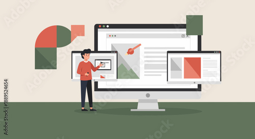 Man presenting website design on computer screen with additional screens.