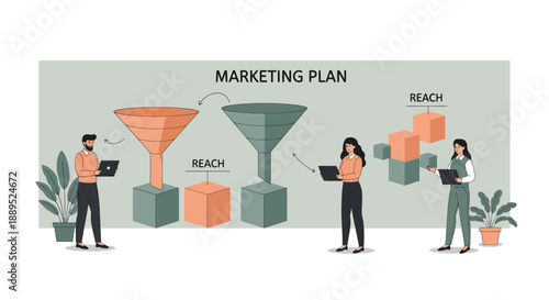Marketing plan illustration with people and funnel diagrams for business strategy.