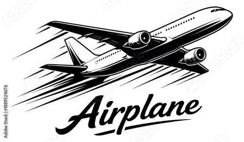 Monochrome graphic style illustration of an airplane depicting swift flight with speed lines for aviation and transportation projects