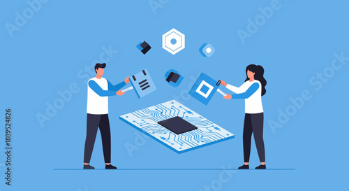 People working on computer chip technology data processing and digital information.